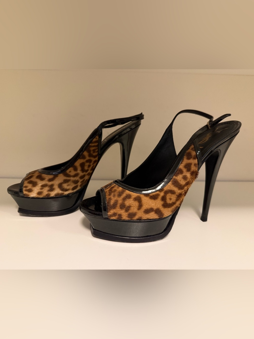 Yves Saint Laurent Leopard Print Peep-Toe Slingback Heels - Black & Brown